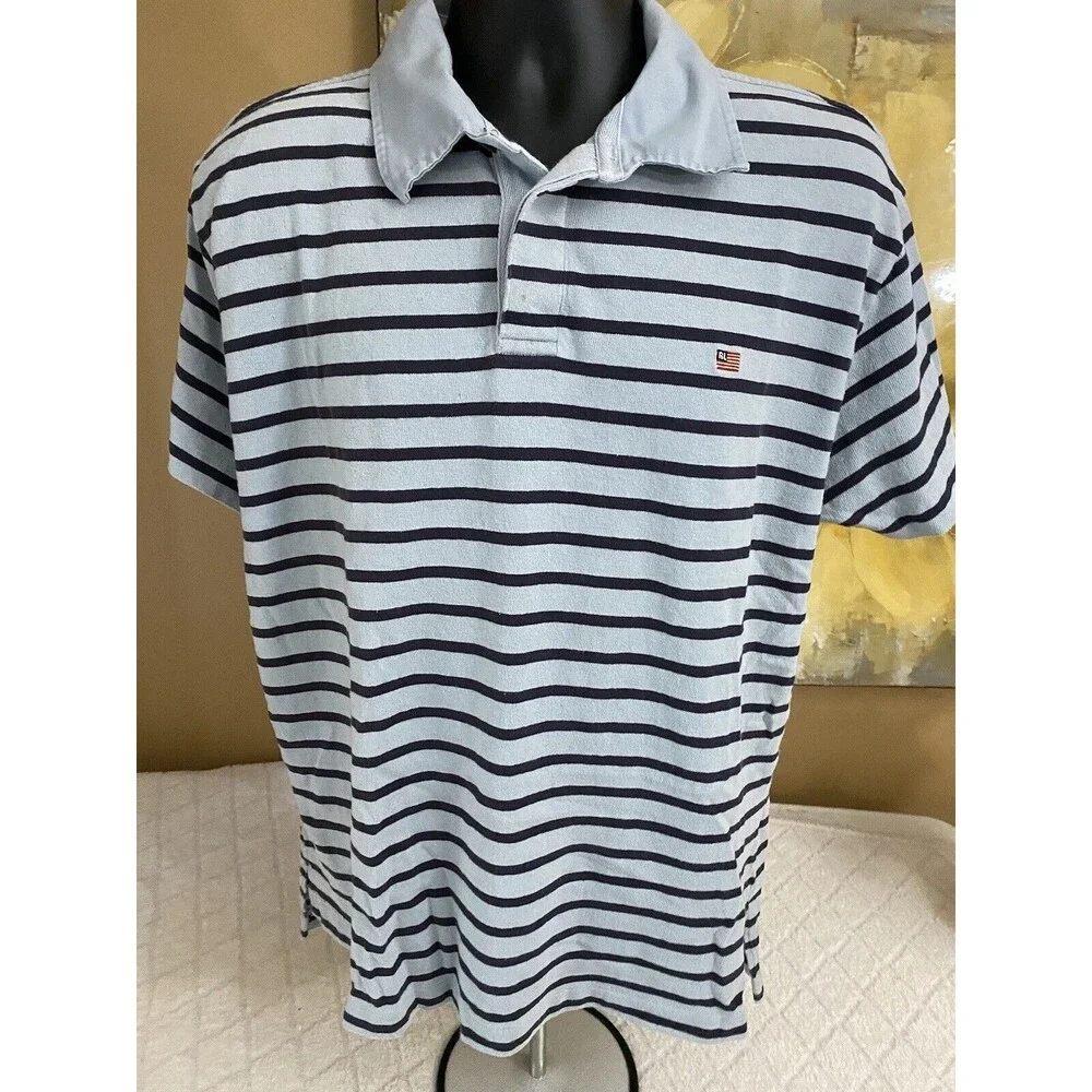 Vintage Ralph Lauren Blue Striped Men’s Polo Tee  Size XL
